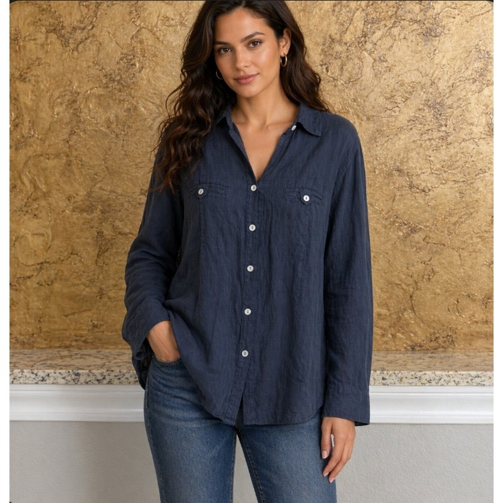 Talia Benson Button Down Shirt Womens Large Blue Linen Long Sleeve‎ Italy Slub
